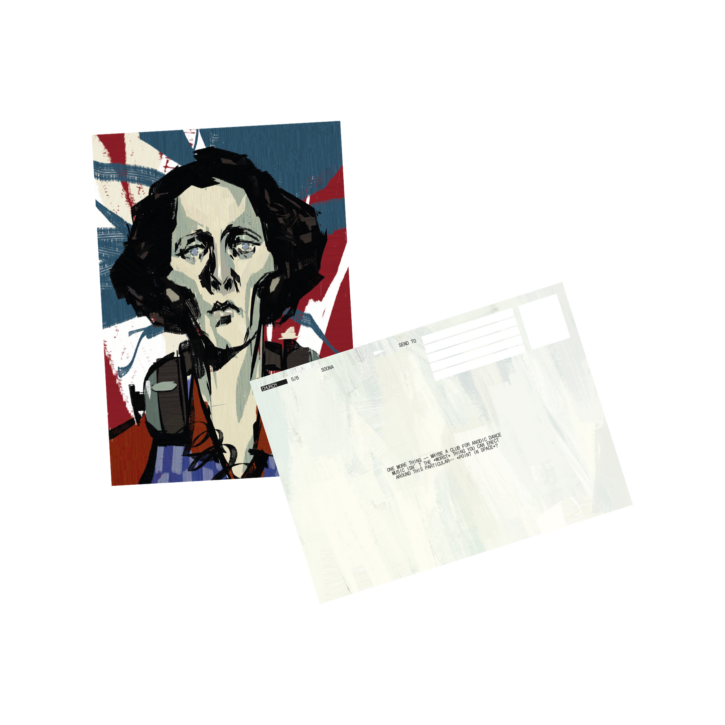 Stylized portrait of a woman with dark hair against a Union Jack background.