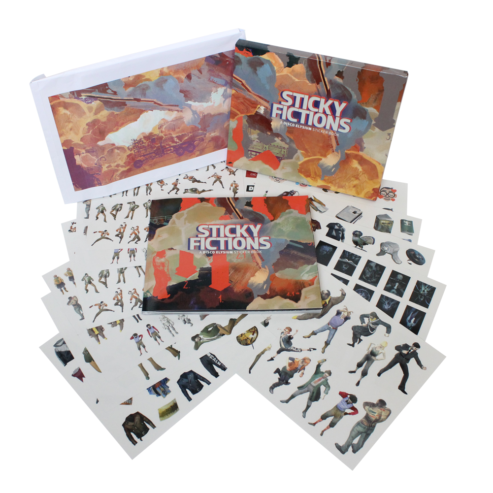 Board game or tabletop game set called ’Sticky Fictions’ with various cards and sticker sheets featuring character and item illustrations.