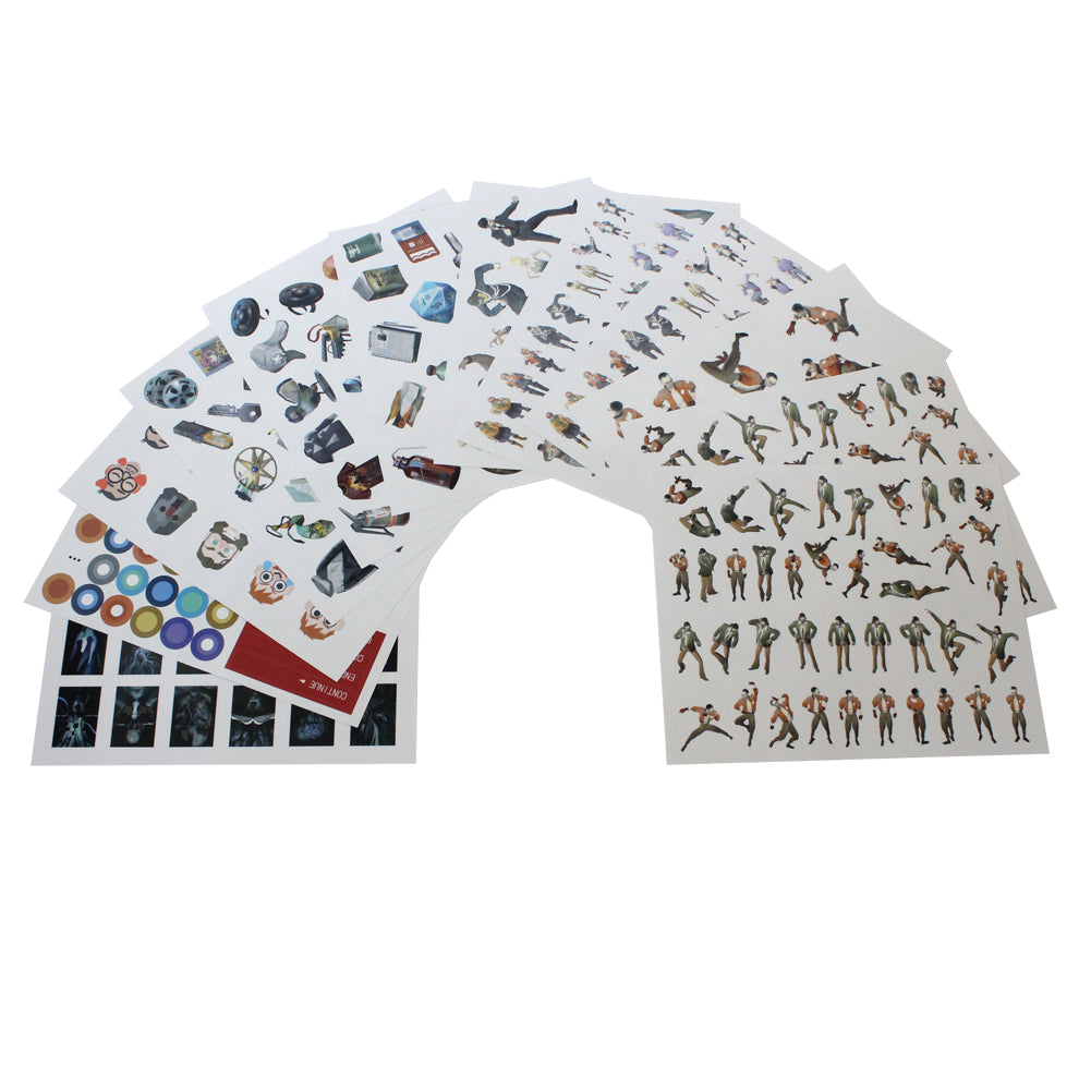 Collection of sticker sheets fanned out in a semicircle arrangement.
