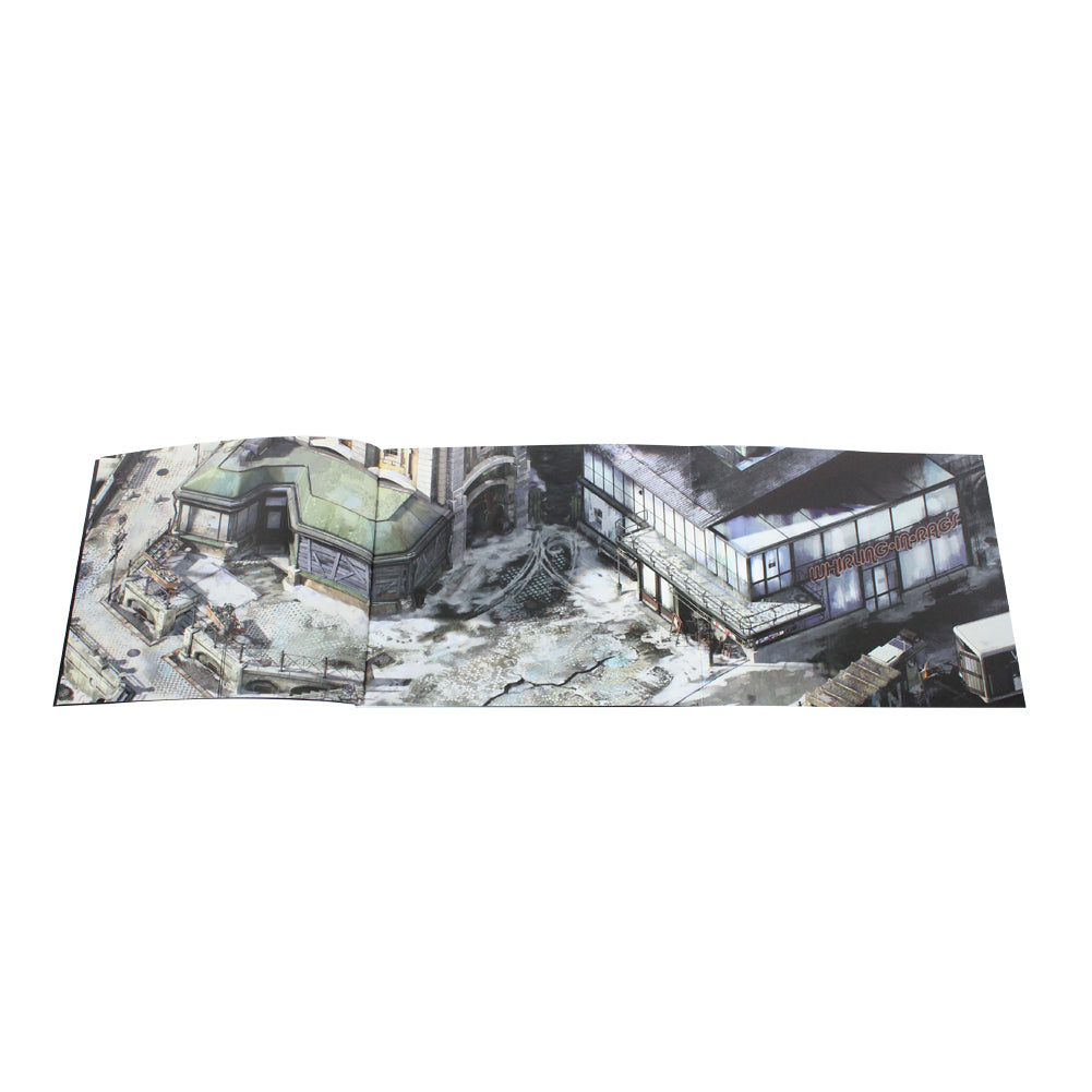 Folded panoramic illustration depicting a post-apocalyptic urban scene with destroyed buildings and debris.
