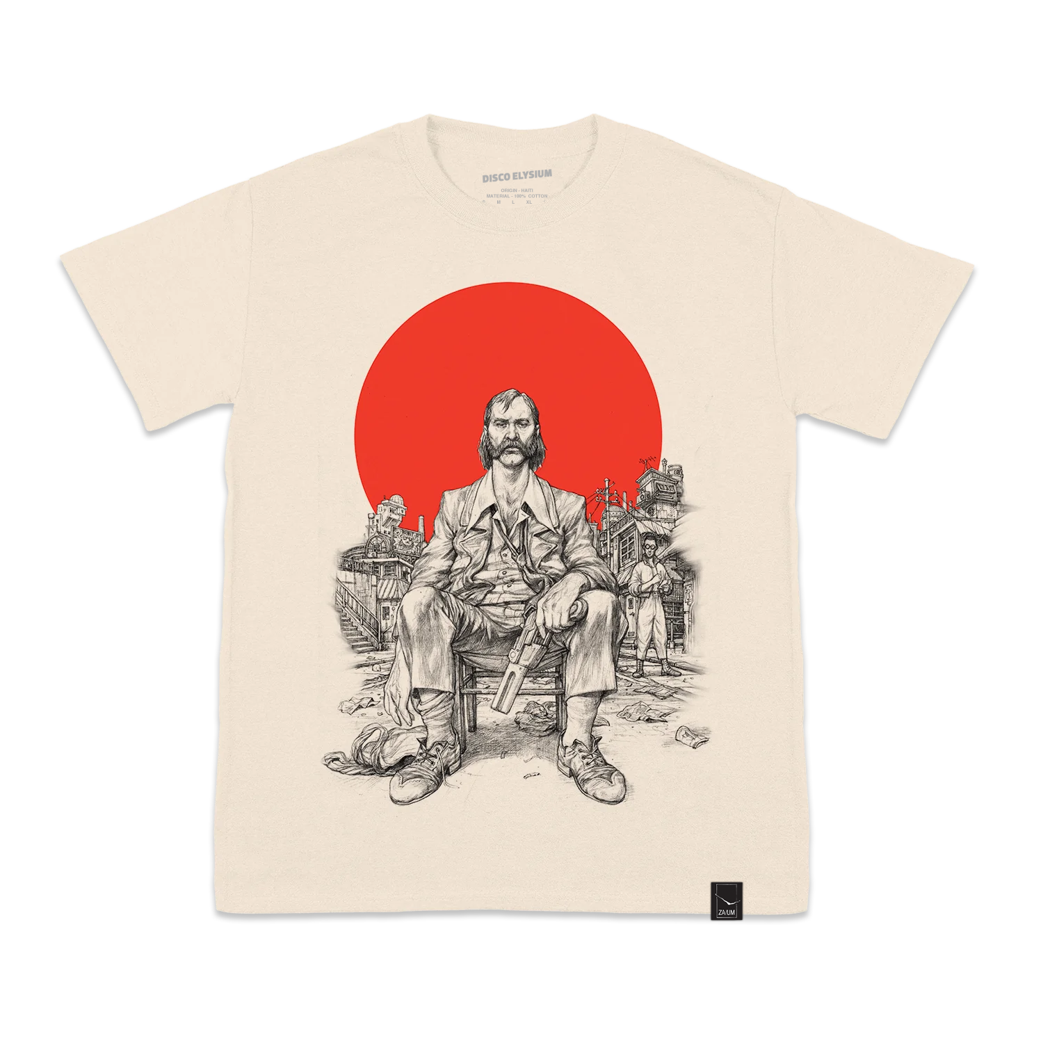 Beige t-shirt with a graphic print featuring a seated figure against a red circle backdrop.