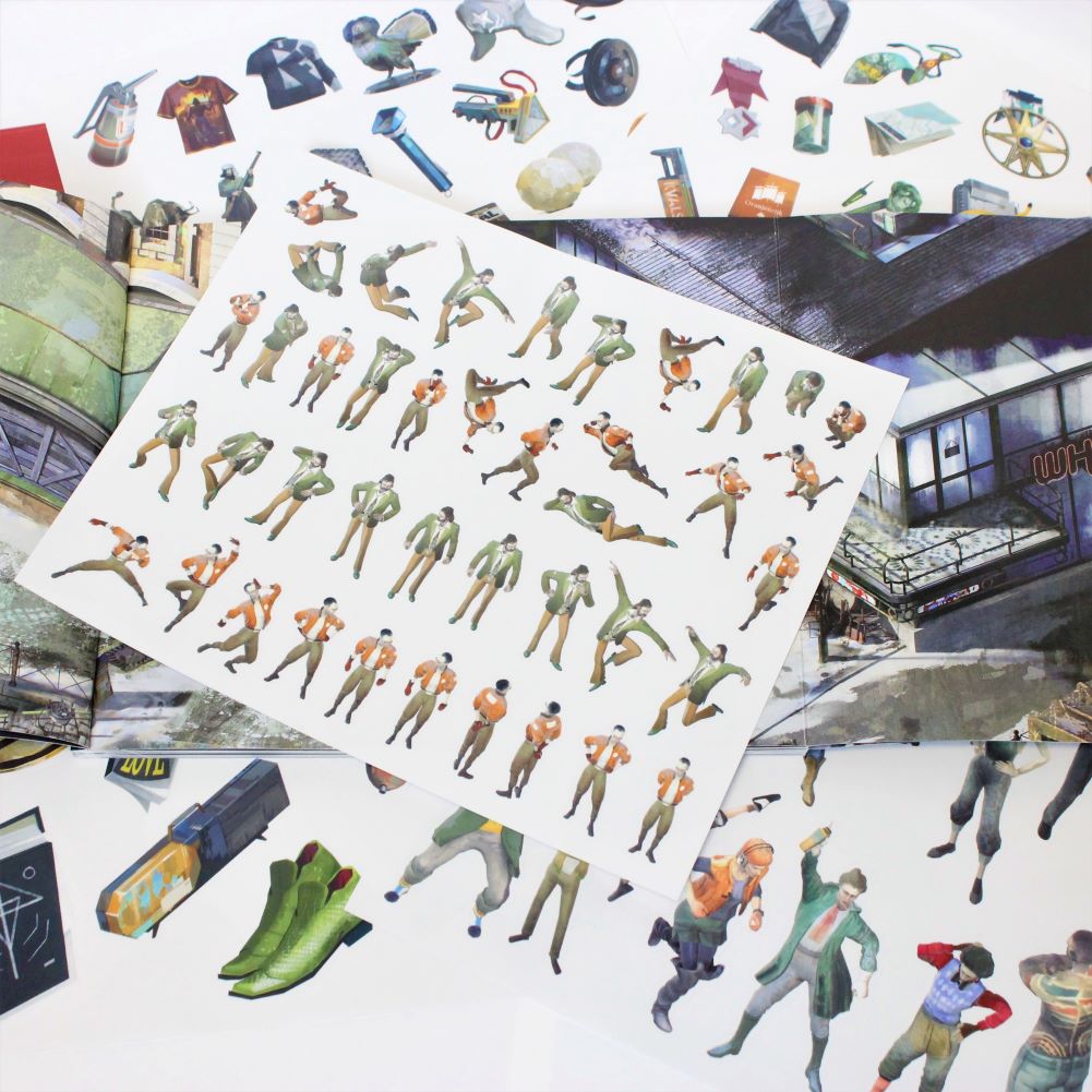 Sheet of stickers featuring various human figures in different poses and actions.