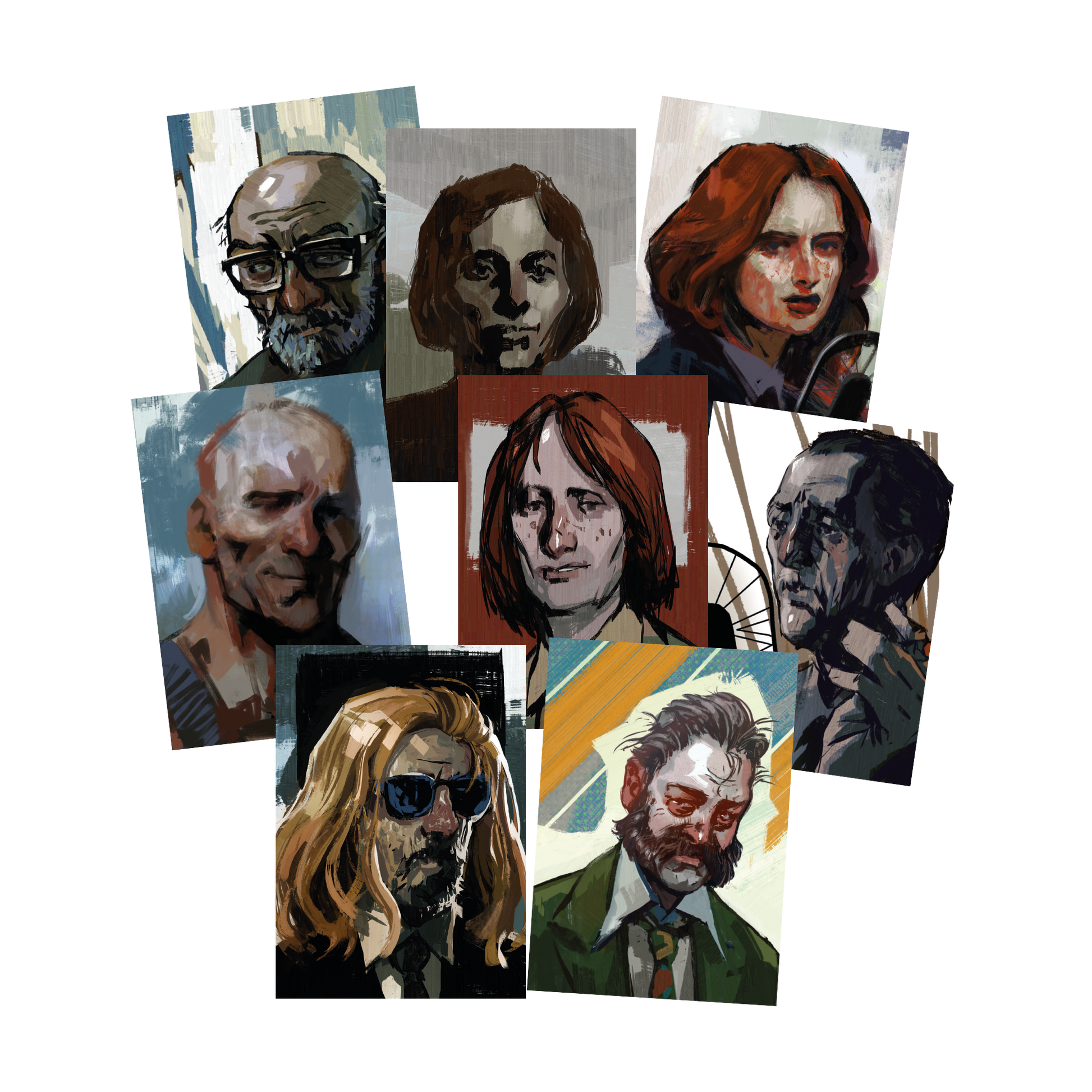 Collage of painted portraits depicting various people with different expressions and styles.