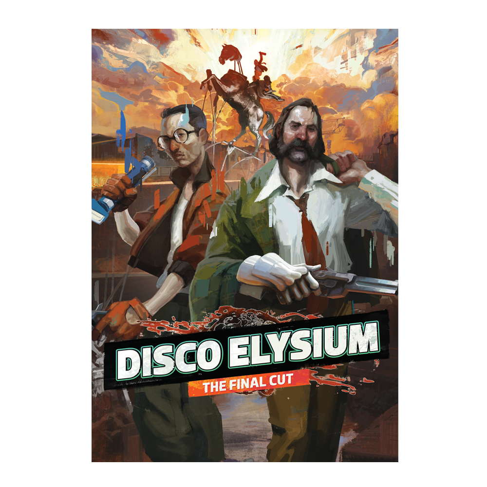 Video game cover art for ’Disco Elysium: The Final Cut’ featuring stylized character portraits against a dramatic sky backdrop.
