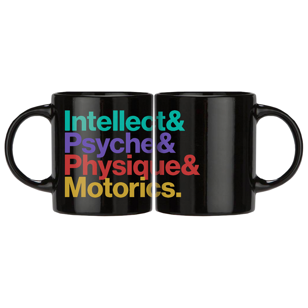 Black coffee mug with colorful text listing ’Intellect & Psyche & Physique & Motorics.’