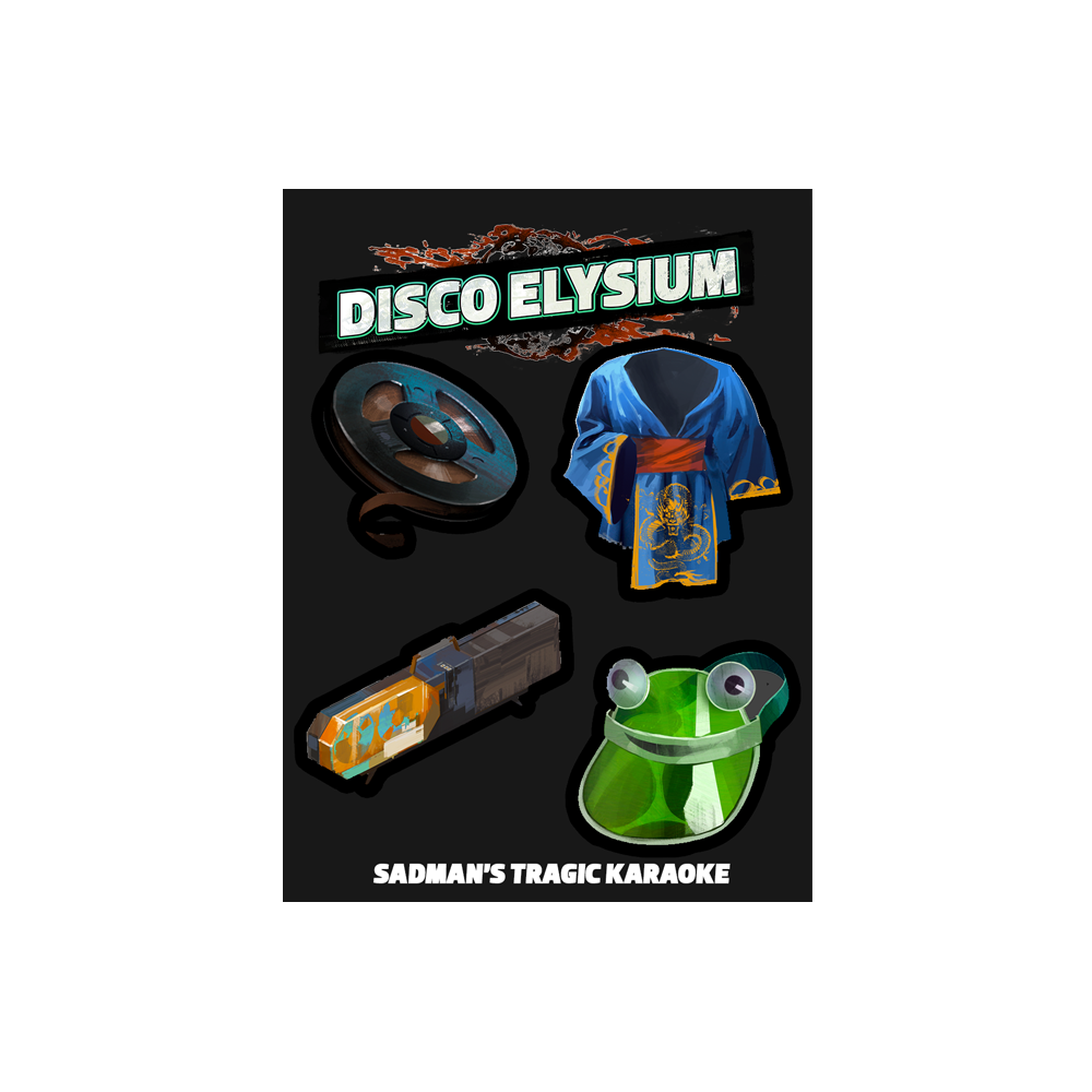 Promotional poster or cover art for ’Disco Elysium: Sadman’s Tragic Karaoke’ featuring iconic game items.