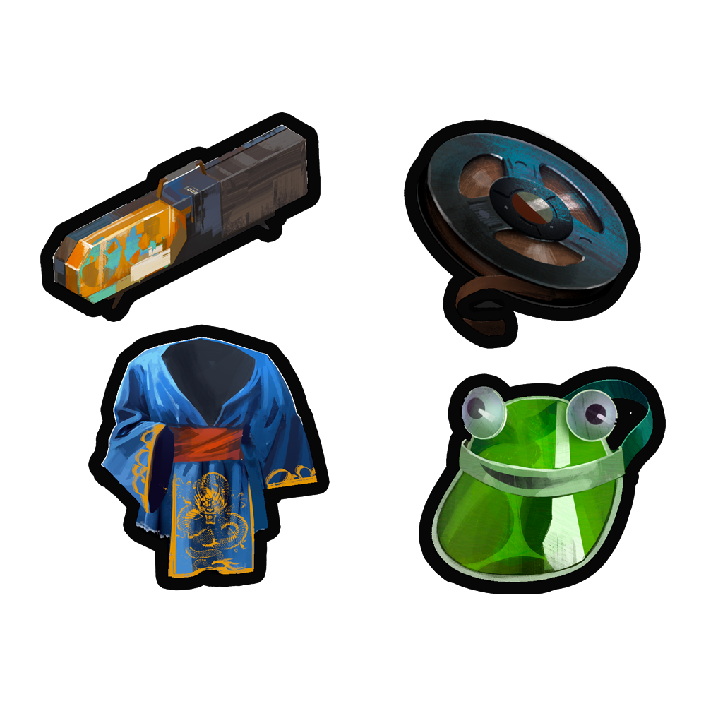 Four cartoon-style stickers or patches depicting various objects: a futuristic device, a steering wheel, a blue robe or garment, and a frog face.