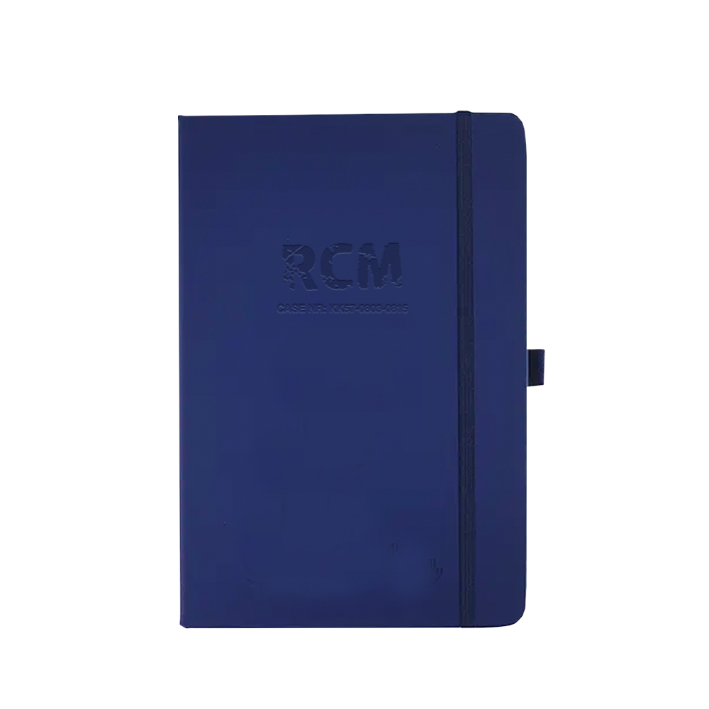 Navy blue hardcover notebook with an elastic closure band.