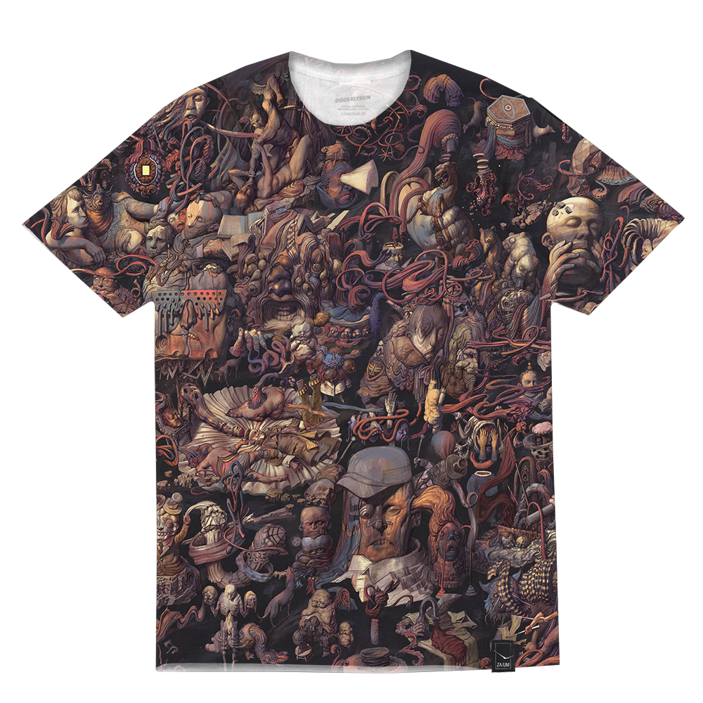 T-shirt with an intricate, surreal artwork print covering the entire front.