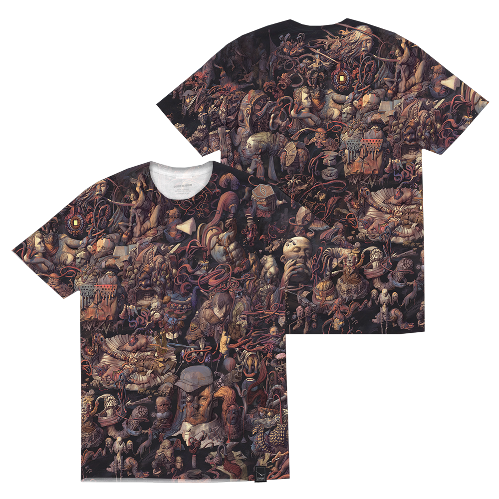 T-shirt with an intricate, dark-toned all-over print featuring a dense collage of fantastical creatures and beings.