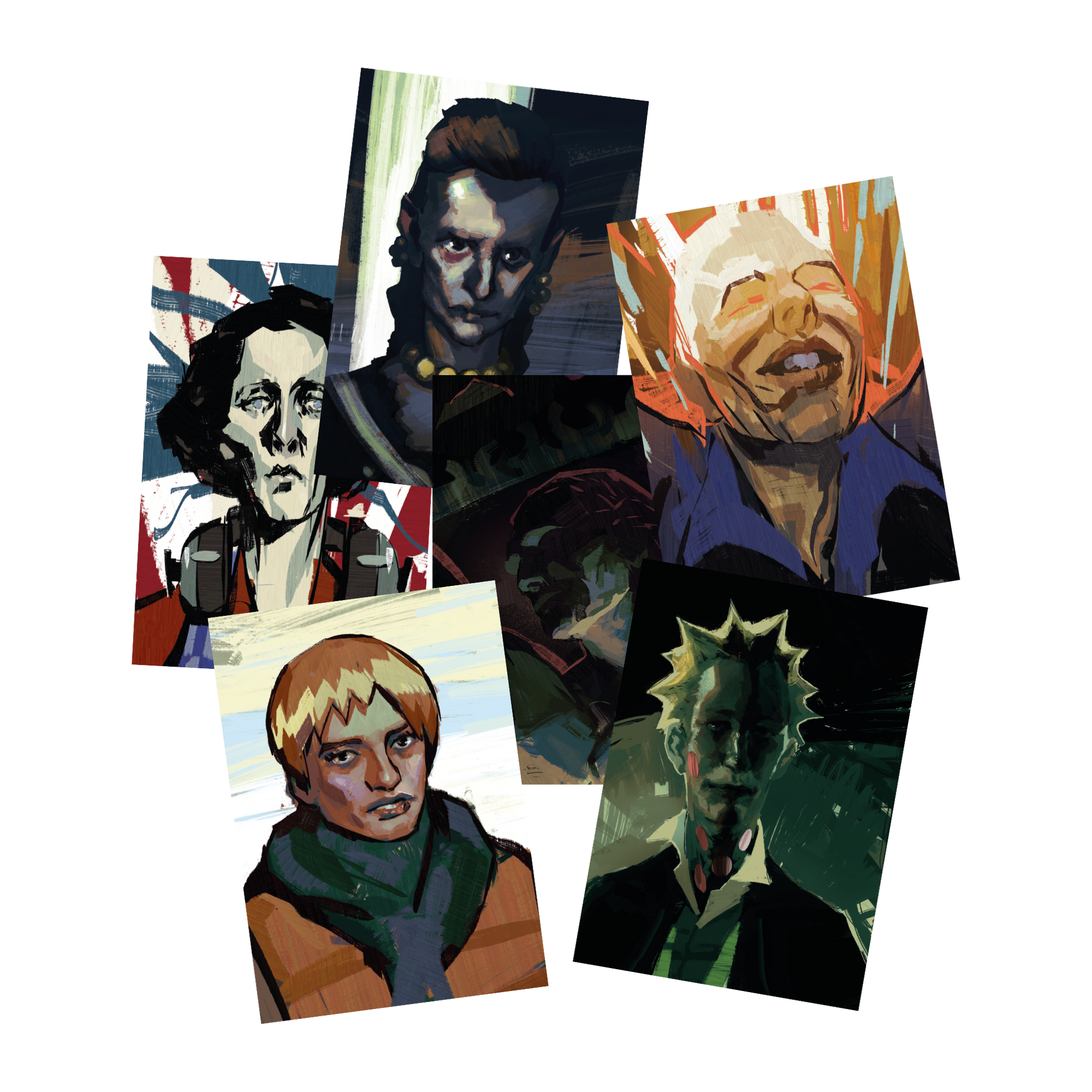 Collage of stylized portrait paintings depicting various individuals with different expressions and artistic styles.