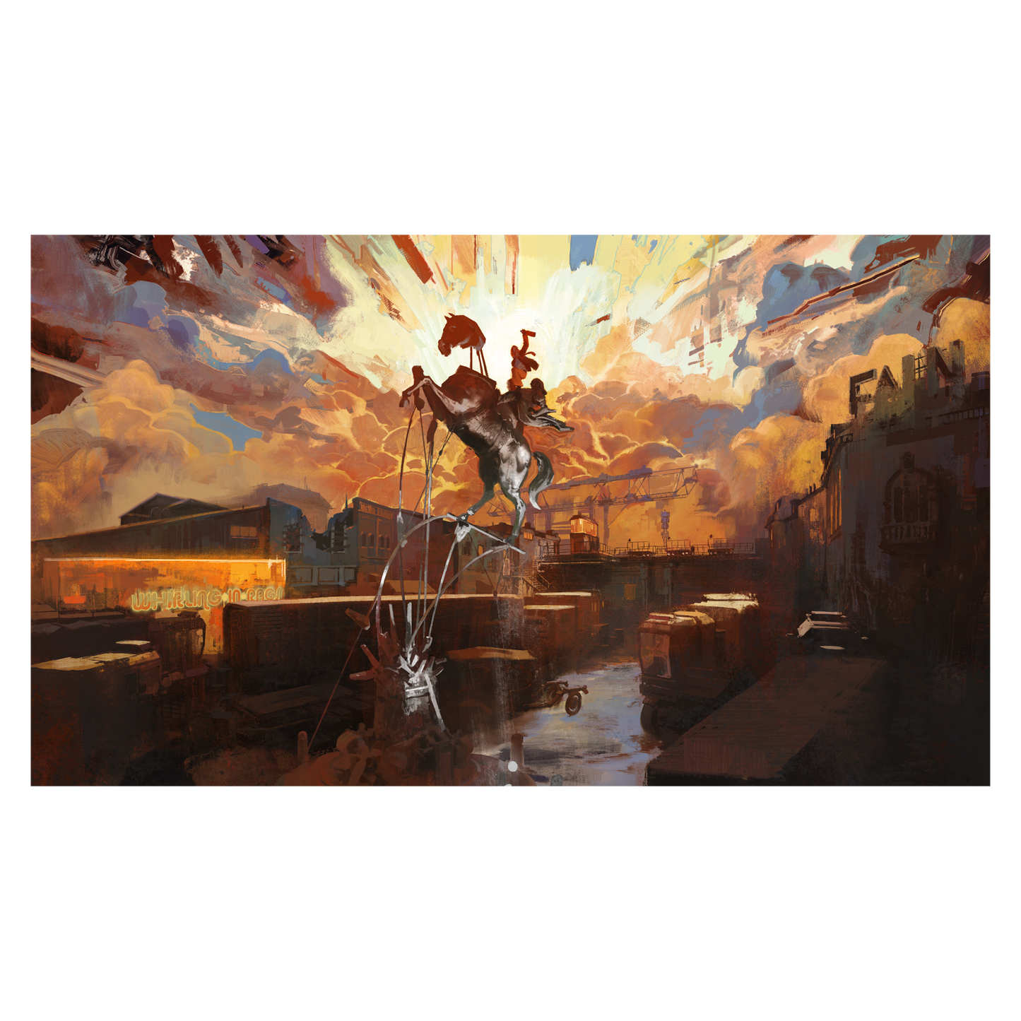 A skeletal figure wielding a scythe stands atop a structure in a dramatic sunset.