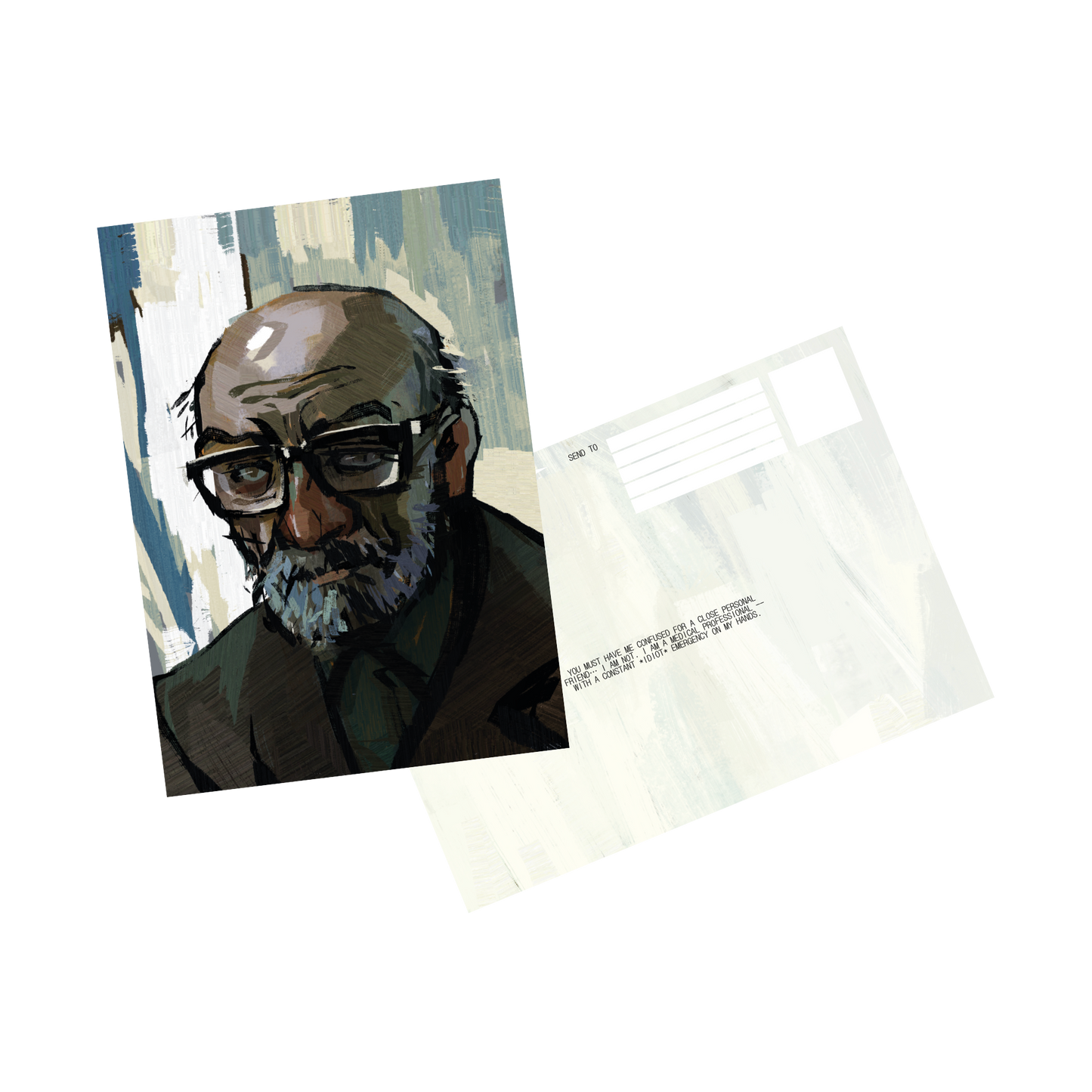 Portrait of an elderly bald man with glasses and a beard.