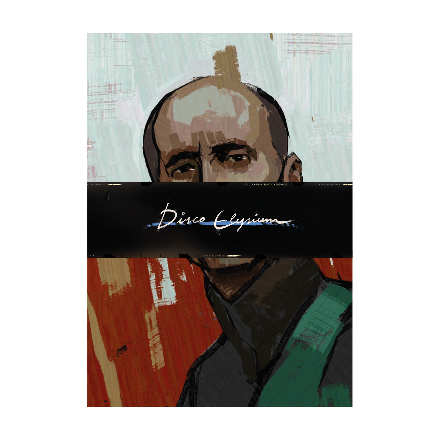 Portrait painting with a black bar obscuring part of the subject’s face, featuring a signature on the bar.