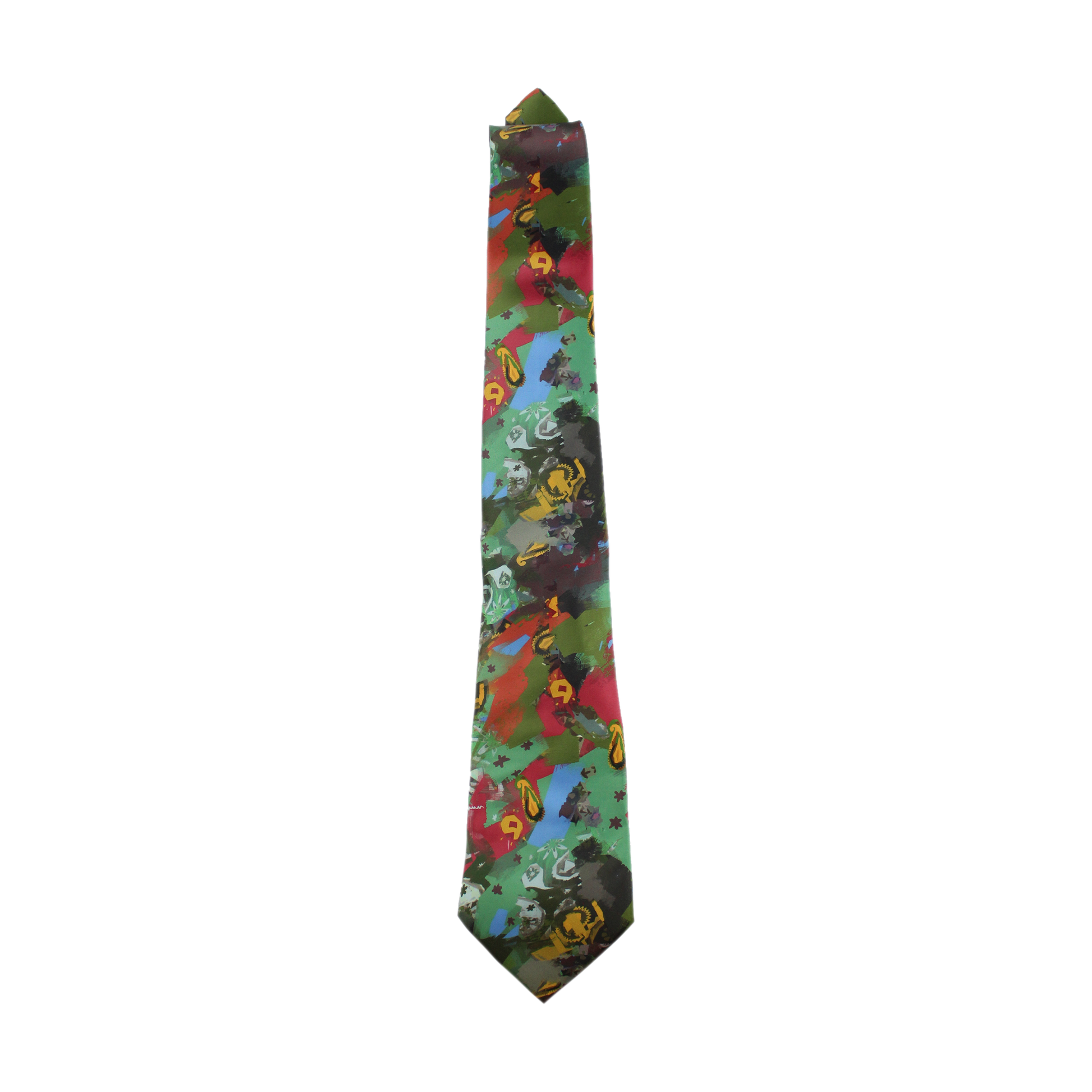 Colorful necktie with an abstract, painterly pattern featuring various hues and shapes.
